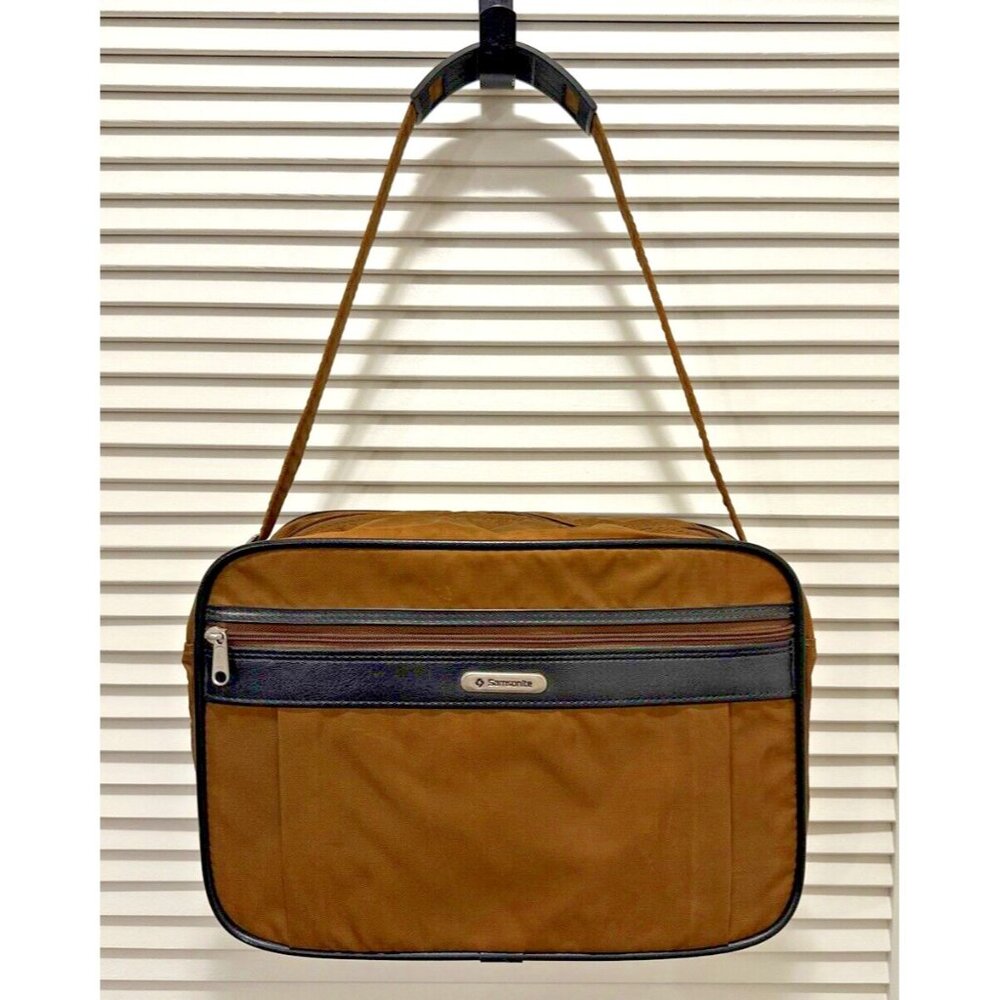 Vintage Samsonite Brown Nylon Carry On Shoulder Bag Zippers Leather Trim 15"x10"